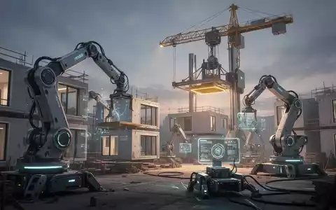 Robotic arms and a large 3D printer crane construct a building at a futuristic construction site at twilight. - Foto: über boerse-global.de