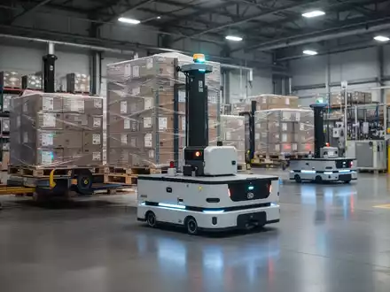 Heavy-duty industrial autonomous mobile robots (AMRs) moving materials in a large, modern factory setting. - Foto: über boerse-global.de