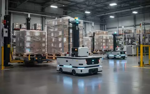 Heavy-duty industrial autonomous mobile robots (AMRs) moving materials in a large, modern factory setting. - Foto: über boerse-global.de