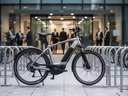 Ein modernes E-Bike ist in einem gut beleuchteten, organisierten Fahrradparkbereich vor einem Bürogebäude abgestellt, was nachhaltige Mobilität am Arbeitsplatz symbolisiert. - Foto: über boerse-global.de