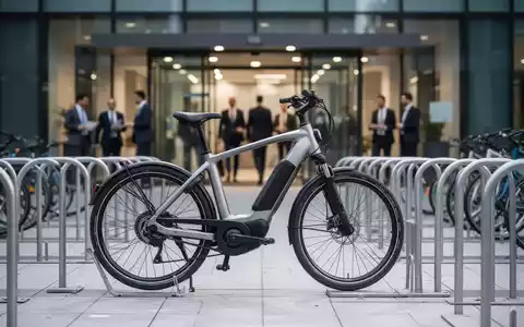 Ein modernes E-Bike ist in einem gut beleuchteten, organisierten Fahrradparkbereich vor einem Bürogebäude abgestellt, was nachhaltige Mobilität am Arbeitsplatz symbolisiert. - Foto: über boerse-global.de