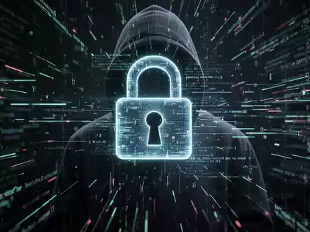Eine Nahaufnahme von Händen, die auf einer Computertastatur tippen, mit leuchtenden Codezeilen und einem stilisierten Schloss-Symbol, das Cybersicherheit darstellt. - Foto: über boerse-global.de