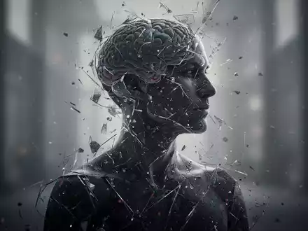 Eine fragmentierte menschliche Silhouette vor einem verschwommenen Hintergrund, die inneren psychologischen Konflikt darstellt. - Foto: über boerse-global.de