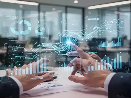 Hände interagieren mit einer holografischen Anzeige in einem modernen Büroumfeld, symbolisierend Lean-Prinzipien und digitale Effizienz. - Foto: über boerse-global.de