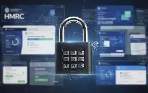 A digital padlock over blurred digital transaction interfaces and an HMRC logo, symbolizing data security and financial oversight. - Foto: über boerse-global.de