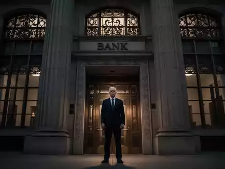 Eine imposante, historische Bankfassade bei Dämmerung, davor eine autoritäre Figur im Anzug, die Aufsicht und Führungswechsel symbolisiert. - Foto: über boerse-global.de