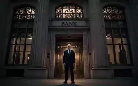 Eine imposante, historische Bankfassade bei Dämmerung, davor eine autoritäre Figur im Anzug, die Aufsicht und Führungswechsel symbolisiert. - Foto: über boerse-global.de