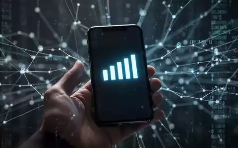 A hand holds a modern smartphone with network signal bars on screen, against a background of abstract digital network lines. - Foto: über boerse-global.de