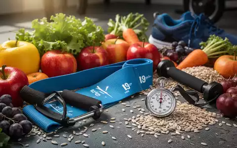 Eine dynamische Anordnung von frischen Früchten, Gemüse und Vollkornprodukten neben Sportgeräten, die Ernährung und Leistung symbolisiert. - Foto: über boerse-global.de