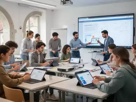 Students and instructors in a modern classroom in Lower Austria, using digital tablets and interactive screens for learning. - Foto: über boerse-global.de