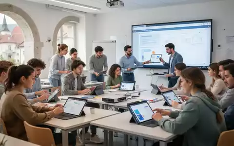 Students and instructors in a modern classroom in Lower Austria, using digital tablets and interactive screens for learning. - Foto: über boerse-global.de