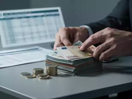 Hände sortieren Euro-Banknoten und Münzen auf einem Schreibtisch, mit einer unscharfen Finanzübersicht im Hintergrund. - Foto: über boerse-global.de