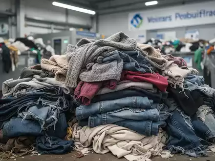Ein Stapel bunter Altkleider und Textilien, unscharf im Hintergrund eine moderne Textilrecyclinganlage oder Sammelstelle. - Foto: über boerse-global.de