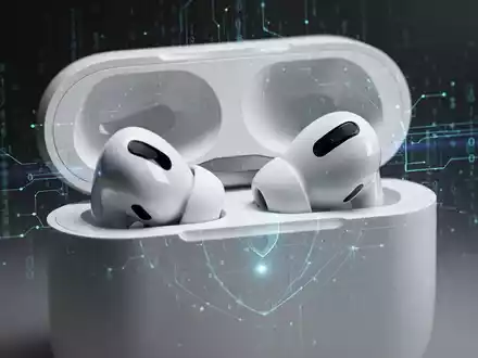 Apple AirPods Pro earbuds in their charging case, with a subtle digital security overlay. - Foto: über boerse-global.de