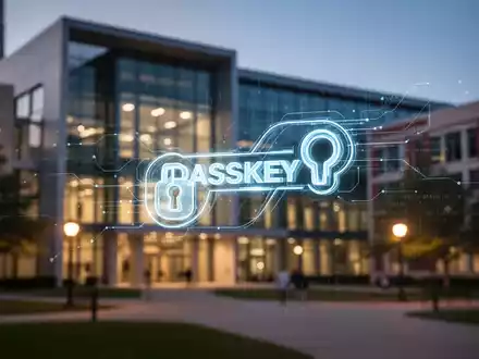 A glowing digital passkey icon overlaid on a blurred image of a university building at dusk, symbolizing enhanced IT security. - Foto: über boerse-global.de