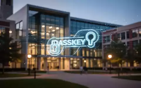 A glowing digital passkey icon overlaid on a blurred image of a university building at dusk, symbolizing enhanced IT security. - Foto: über boerse-global.de
