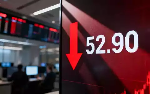Ein Börsenticker zeigt eine rote Abwärtstendenz und den Wert 52,90 Euro auf einem unscharfen Handelsraumbild. - Foto: über boerse-global.de