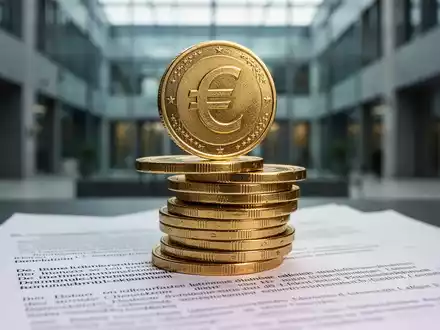Ein stilisierter Stapel goldener Münzen, eine mit Euro-Symbol, balanciert auf juristischen Dokumenten in einem Regierungsgebäude. - Foto: über boerse-global.de