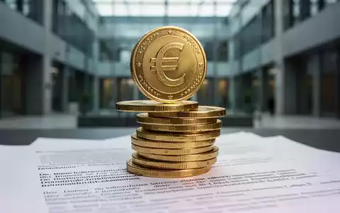 Ein stilisierter Stapel goldener Münzen, eine mit Euro-Symbol, balanciert auf juristischen Dokumenten in einem Regierungsgebäude. - Foto: über boerse-global.de