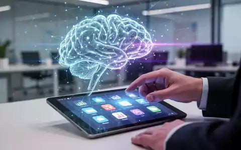 Eine Hand interagiert mit einem Tablet, das Produktivitäts-Apps zeigt, überlagert von einem abstrakten, leuchtenden KI-Netzwerk. - Foto: über boerse-global.de