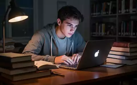 Student lernt nachts an einem Schreibtisch mit Büchern und Laptop, sanftes Bildschirmlicht. - Foto: über boerse-global.de