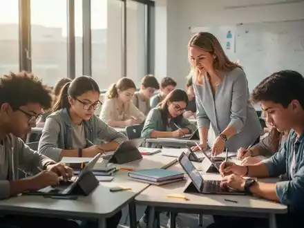 Eine Gruppe von Schülern konzentriert sich in einem modernen Klassenzimmer, einige nutzen Tablets, andere schreiben, während ein Lehrer anleitet. - Foto: über boerse-global.de