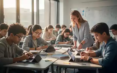 Eine Gruppe von Schülern konzentriert sich in einem modernen Klassenzimmer, einige nutzen Tablets, andere schreiben, während ein Lehrer anleitet. - Foto: über boerse-global.de
