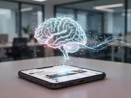 A glowing AI brain icon overlaid on a smartphone showing an Instagram feed, symbolizing AI integration in social media automation. - Foto: über boerse-global.de