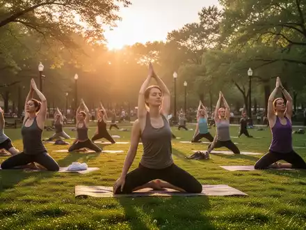 Menschen praktizieren Yoga und Achtsamkeitsübungen in einem grünen öffentlichen Park bei Sonnenaufgang. - Foto: über boerse-global.de