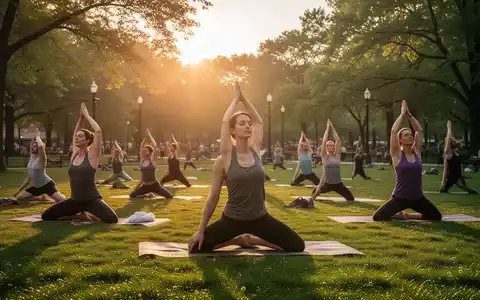 Menschen praktizieren Yoga und Achtsamkeitsübungen in einem grünen öffentlichen Park bei Sonnenaufgang. - Foto: über boerse-global.de
