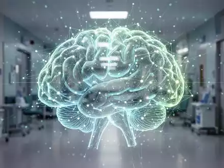Digital human brain made of glowing data points and lines, superimposed over a blurred modern healthcare facility. - Foto: über boerse-global.de