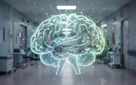 Digital human brain made of glowing data points and lines, superimposed over a blurred modern healthcare facility. - Foto: über boerse-global.de