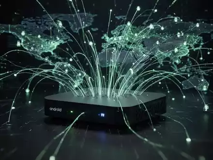 Eine Android TV-Box, umgeben von einem komplexen Netzwerk aus leuchtenden digitalen Linien, die ein Botnet symbolisieren. - Foto: über boerse-global.de