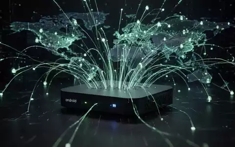 Eine Android TV-Box, umgeben von einem komplexen Netzwerk aus leuchtenden digitalen Linien, die ein Botnet symbolisieren. - Foto: über boerse-global.de