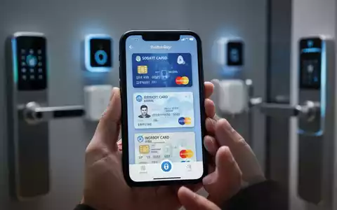A hand holds a smartphone displaying digital keys and identity cards, with a blurred background of smart home technology. - Foto: über boerse-global.de