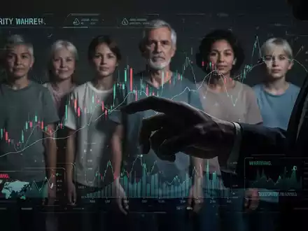 A shadowy hand interacting with a digital screen showing financial data and warnings, with blurred figures of people in the background. - Foto: über boerse-global.de