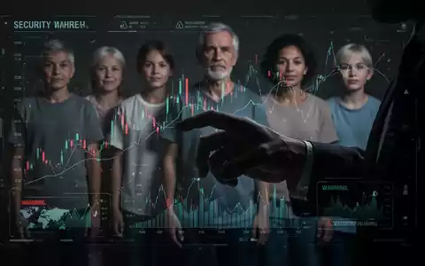 A shadowy hand interacting with a digital screen showing financial data and warnings, with blurred figures of people in the background. - Foto: über boerse-global.de