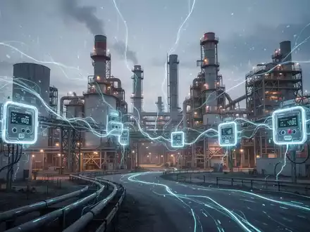 Eine moderne Zementfabrik bei Sonnenuntergang mit digitaler Infrastruktur und intelligenten Stromzählern, die Energieeffizienz symbolisieren. - Foto: über boerse-global.de