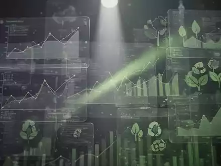 Abstrakte Darstellung von Nachhaltigkeitsberichterstattung mit überlappenden digitalen Ebenen, Finanzgrafiken und Umwelt-Icons. - Foto: über boerse-global.de
