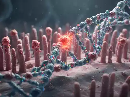 Mikroskopische Ansicht von Darmzotten mit entzündeten Zellen und genetischen Markern, abstrakte Darstellung von DNA-Strängen. - Foto: über boerse-global.de