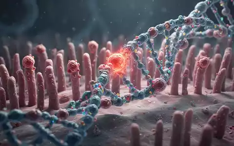 Mikroskopische Ansicht von Darmzotten mit entzündeten Zellen und genetischen Markern, abstrakte Darstellung von DNA-Strängen. - Foto: über boerse-global.de