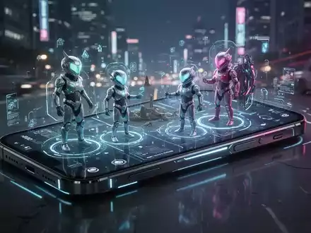 An iPhone screen shows animated AR characters, a robot and a cat, seemingly interacting with a real-world living room. - Foto: über boerse-global.de
