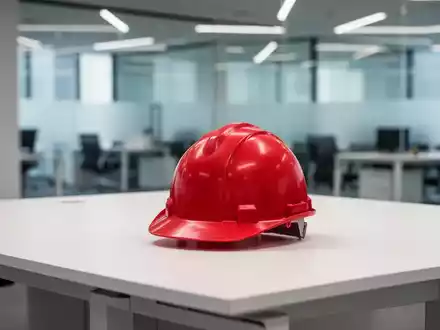 Ein roter Schutzhelm liegt allein auf einem leeren, weißen Bürotisch in einem modernen Büro. Symbolisiert fehlende Sicherheitsbeauftragte. - Foto: über boerse-global.de