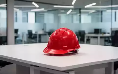 Ein roter Schutzhelm liegt allein auf einem leeren, weißen Bürotisch in einem modernen Büro. Symbolisiert fehlende Sicherheitsbeauftragte. - Foto: über boerse-global.de