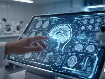 Eine Nahaufnahme einer Hand, die einen futuristischen, leuchtenden medizinischen Touchscreen mit Gehirnscans und Daten bedient. - Foto: über boerse-global.de