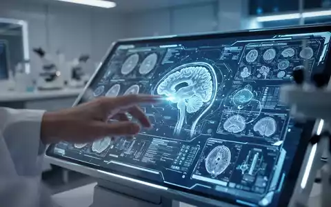 Eine Nahaufnahme einer Hand, die einen futuristischen, leuchtenden medizinischen Touchscreen mit Gehirnscans und Daten bedient. - Foto: über boerse-global.de