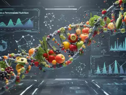 DNA-Stränge verflechten sich mit frischen Früchten und wissenschaftlichen Daten auf einem digitalen Interface, Symbol für Nutrigenetik. - Foto: über boerse-global.de
