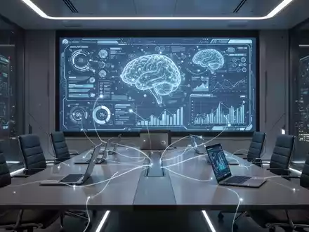 A modern meeting room with a large screen displaying AI-driven collaboration tools and interconnected smart devices. - Foto: über boerse-global.de