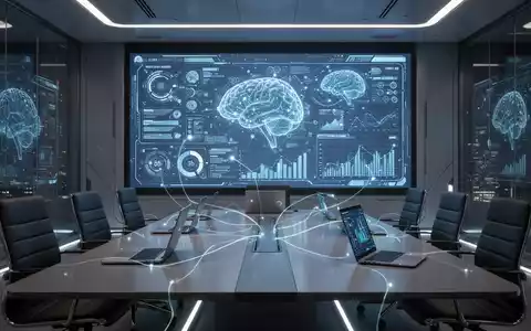 A modern meeting room with a large screen displaying AI-driven collaboration tools and interconnected smart devices. - Foto: über boerse-global.de