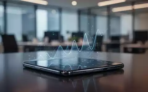 Ein modernes Smartphone mit einer abstrakten digitalen Grafik in einem unscharfen Büroumfeld, das Technologie und Daten darstellt. - Foto: über boerse-global.de